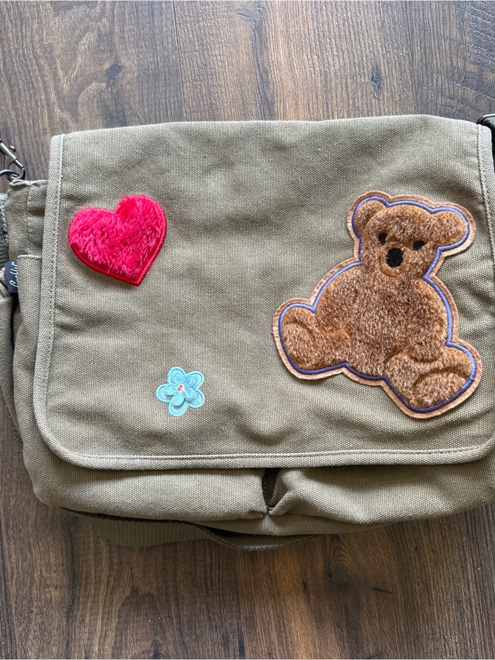 Adorable Canvas Crossbody Bag with Teddy & Heart Patches - Olive